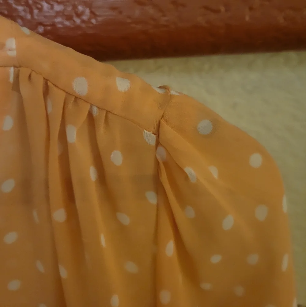 Sheer peach chiffon blouse with white polka-dots. Pearl and gold buttons. Size L - Picture 6 of 12